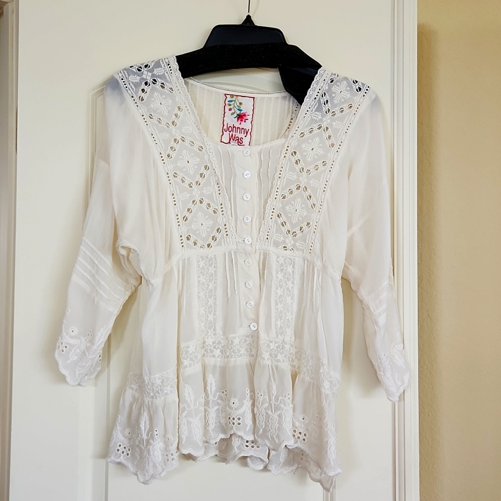 Johnny Was cream, lace top.  M